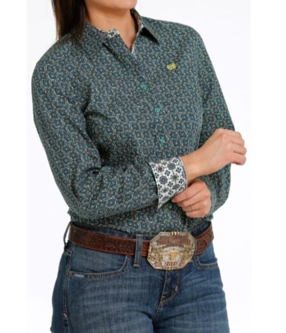 5688) Cinch Women Teal Medallion Print Long Sleeve Medium Western Shirt